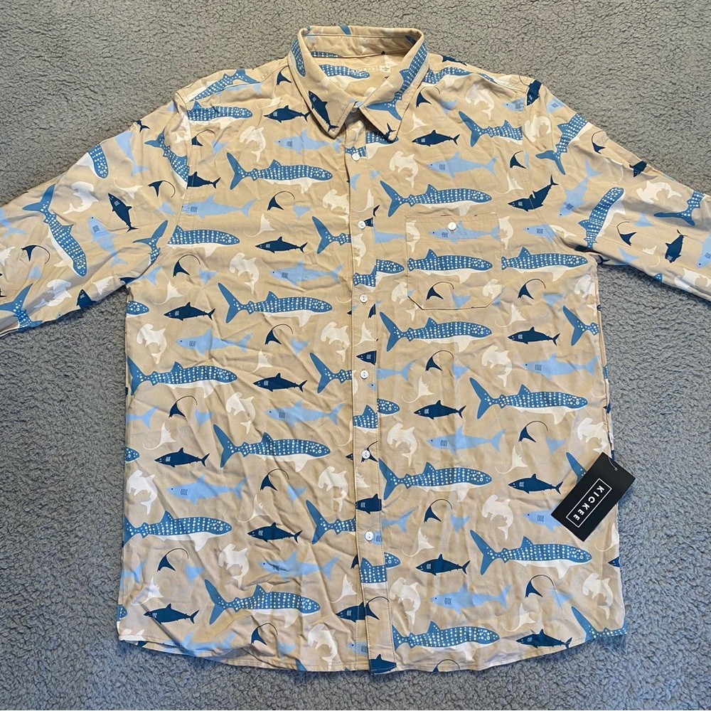 Kickee Pants XL Mens All Over Print LS Woven Button-Down Shirt Burlap Sharks NWT